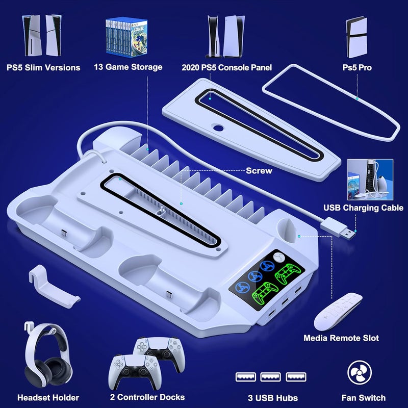 KICKDOT PS5 Pro/Slim/PS5 Stand and Cooling Station with Controller Charging Station for Playsation 5 Disc Digital Console, PS5 Accessories Incl. 3 Levels Cooling Fan, 13 Game Slots, 3 USB HUB, Headset Holder - Image 5